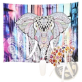 A vibrant elephant tapestry with intricate tribal motifs and colorful abstract background for bohemian wall decor