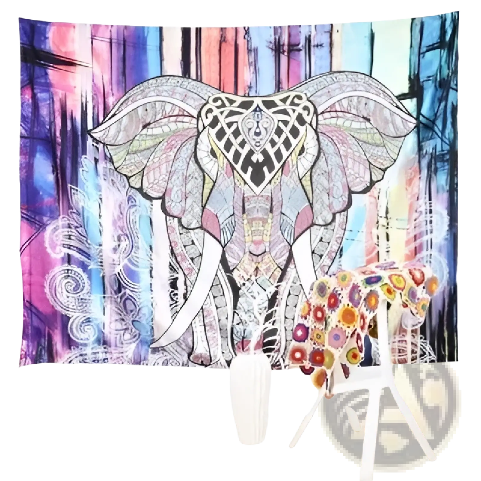 A vibrant elephant tapestry with intricate tribal motifs and colorful abstract background for bohemian wall decor
