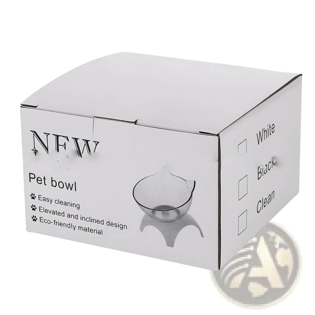 White cardboard box for elevated cat bowl tilted 15 degree double feeder stand with black text and graphics