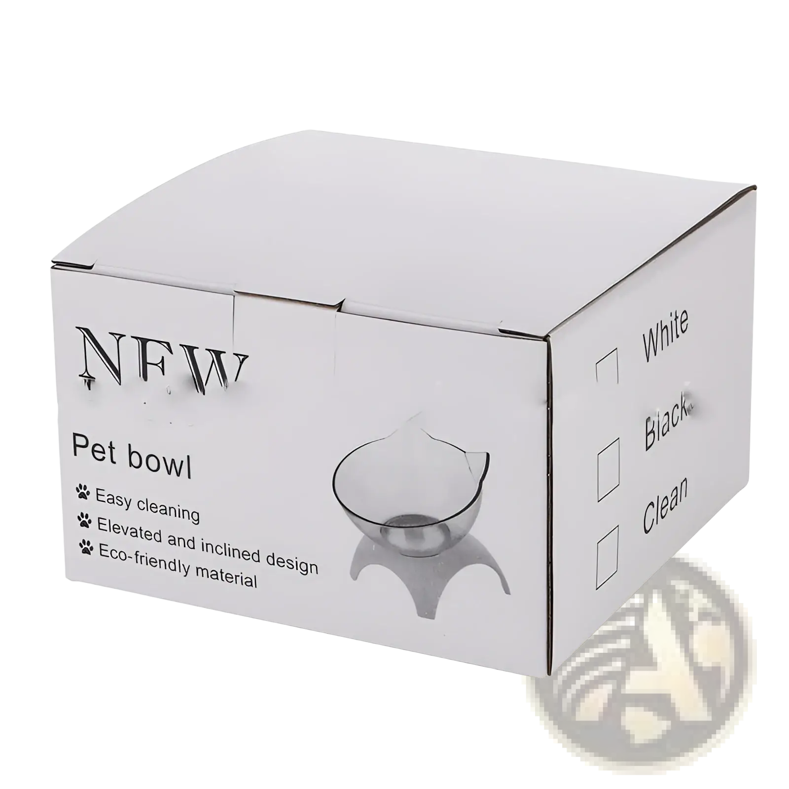 White cardboard box for elevated cat bowl tilted 15 degree double feeder stand with black text and graphics