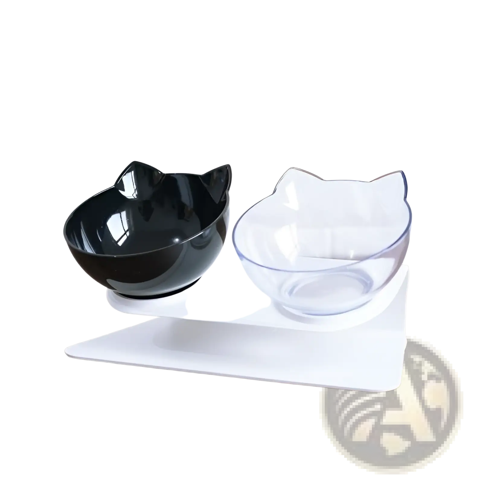 Set of two cat-shaped elevated feeding bowls in black and clear on a white tilted double feeder stand
