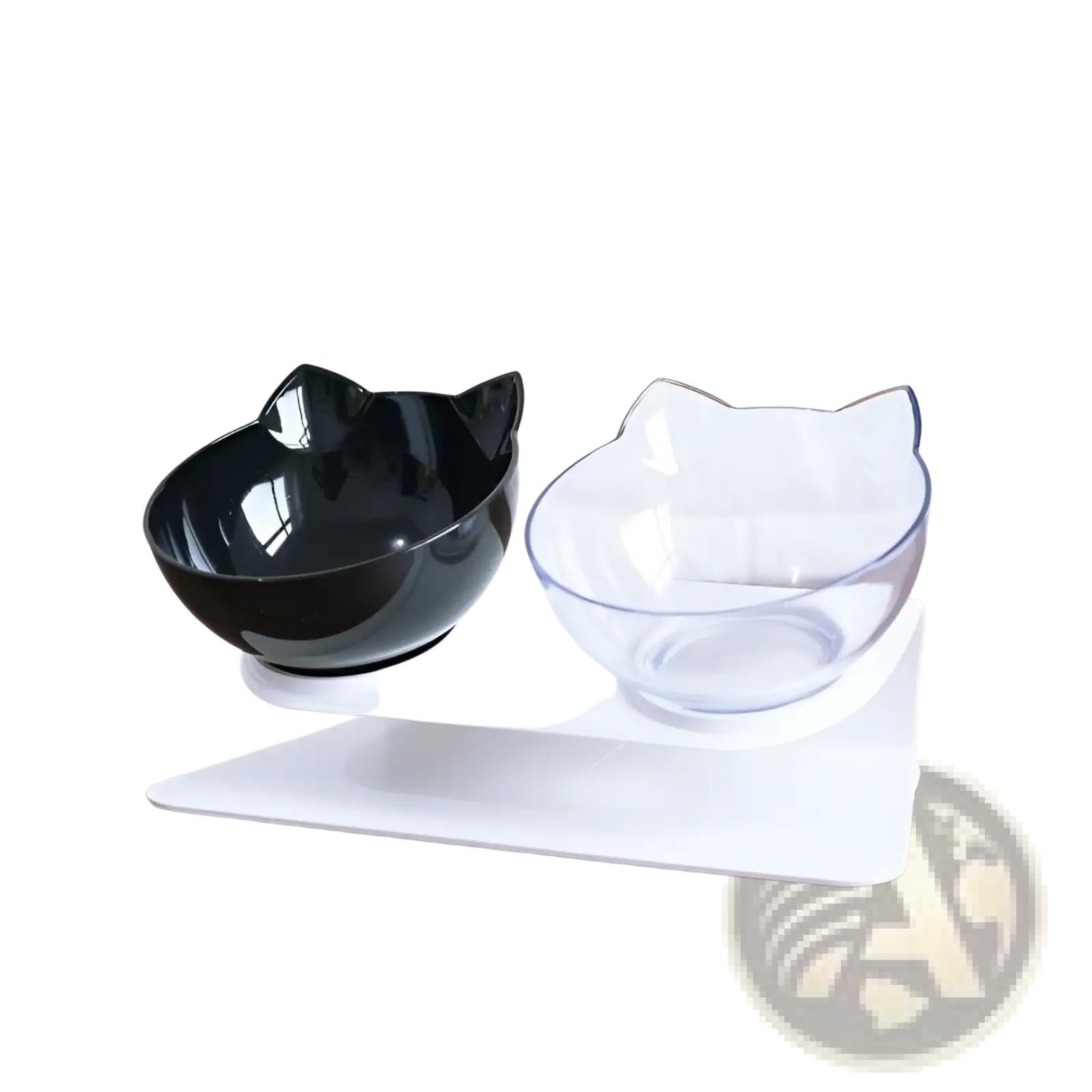 Elevated cat bowl tilted 15 degree double feeder stand with black and clear cat-shaped pet bowls on white stand