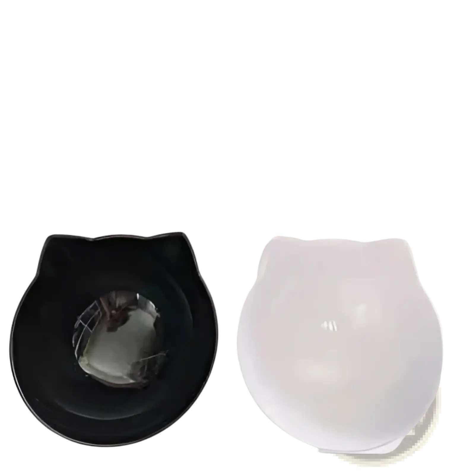 Black and white ceramic cat-shaped bowls on an elevated double feeder stand tilted 15 degree for ergonomic feeding