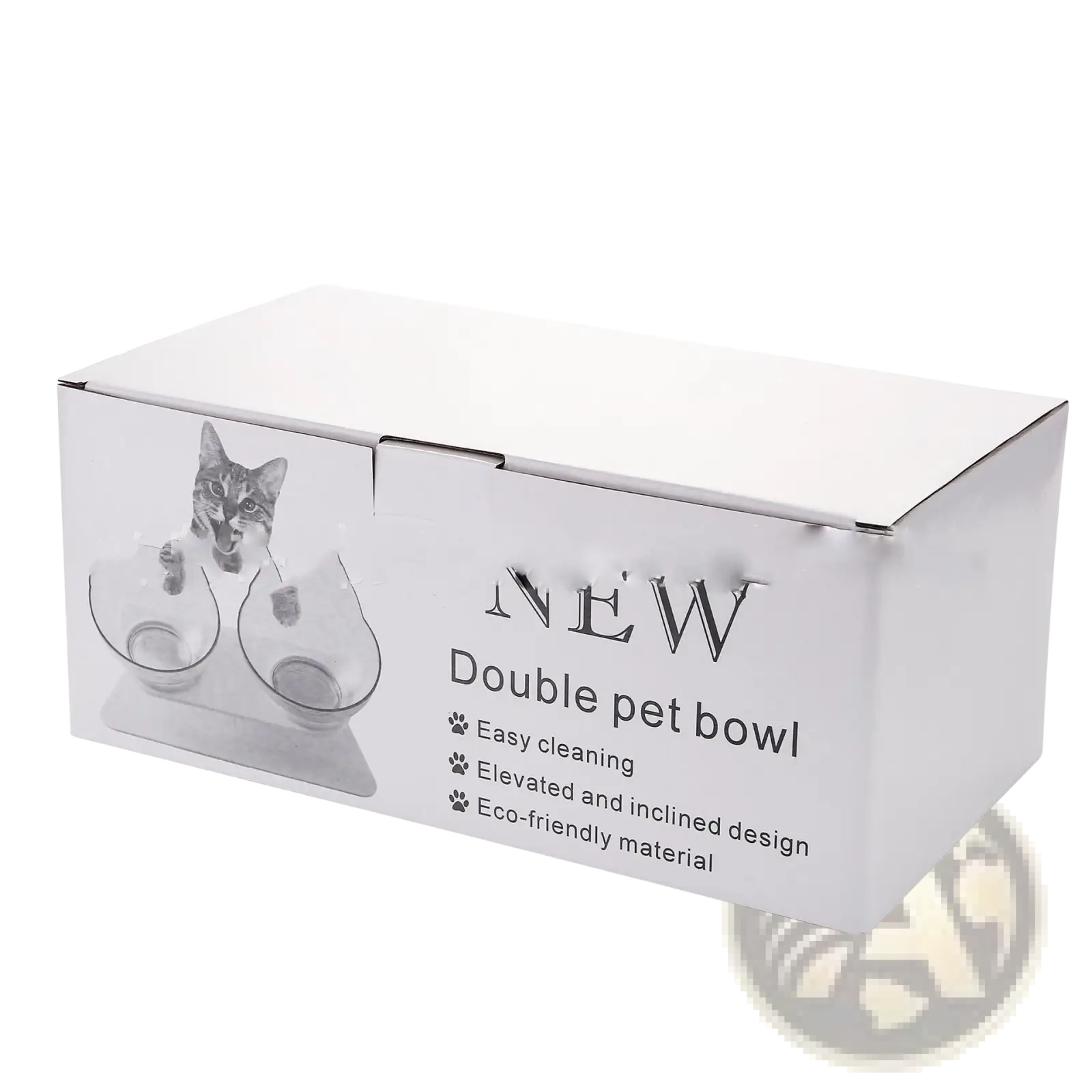 White cardboard box packaging for elevated cat bowl tilted 15 degree double feeder stand set