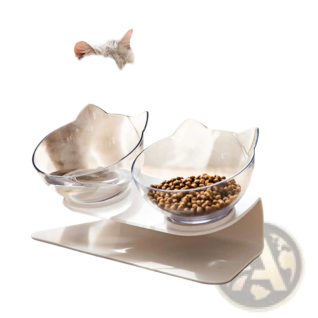 Elevated cat bowl tilted 15 degree double feeder stand with clear cat-shaped pet food and water bowls on white stand