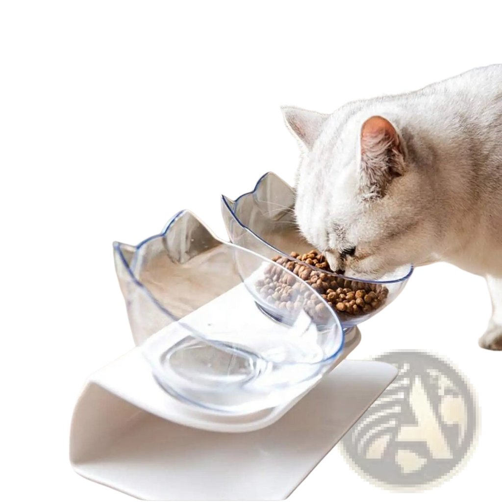 Elevated cat bowl tilted 15 degree double feeder stand with clear cat-shaped dual bowls blue trim white base