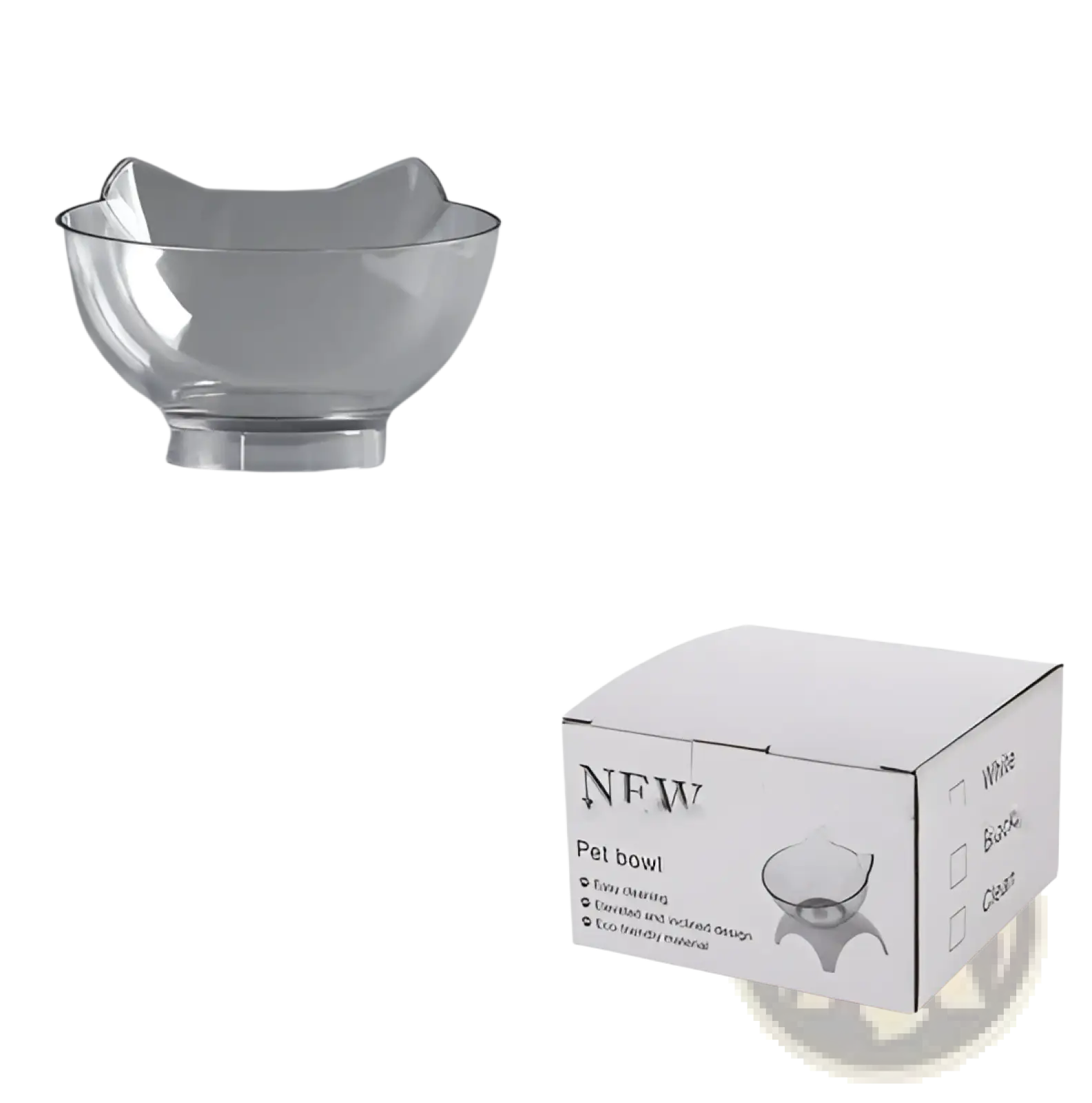 Elevated cat bowl tilted 15 degree double feeder stand with clear plastic bowl featuring cat-shaped rim and base