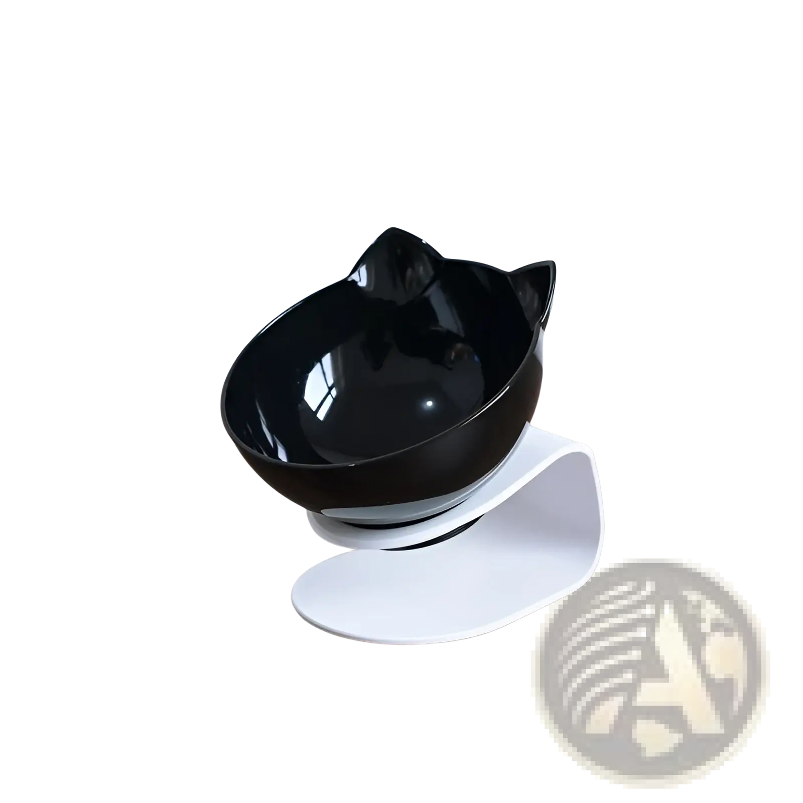 Black cat-shaped elevated cat bowl with glossy finish on white adjustable double feeder stand tilted 15 degrees