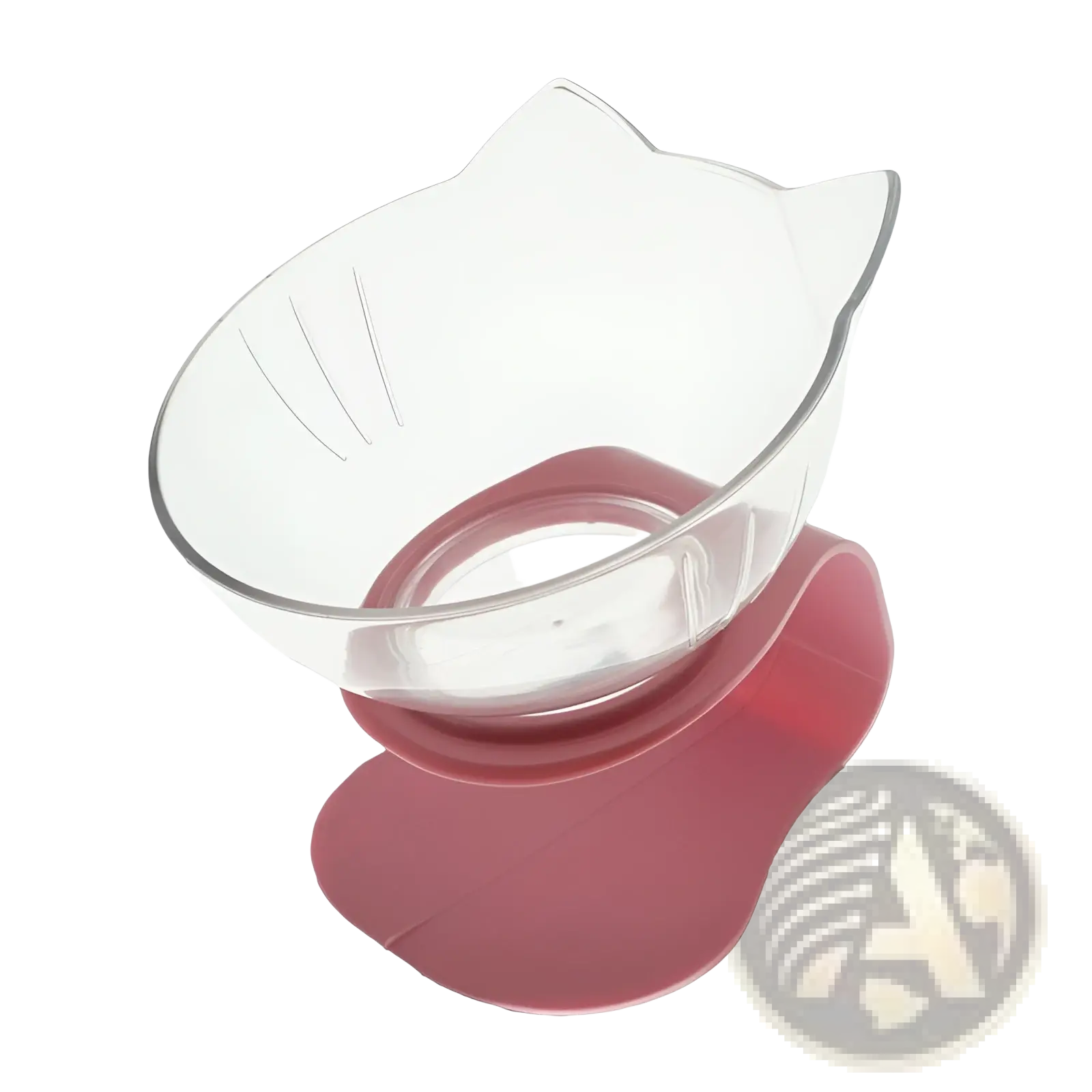 Clear glass cat-shaped bowl with pink silicone base on elevated cat bowl tilted 15 degree double feeder stand