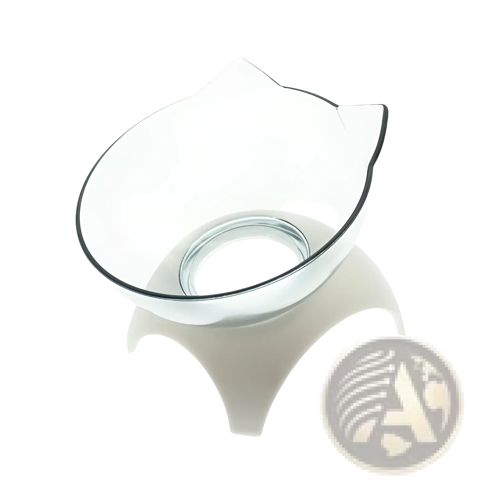 Clear glass cat bowl with rounded ears on a sleek elevated tilted 15 degree double feeder stand