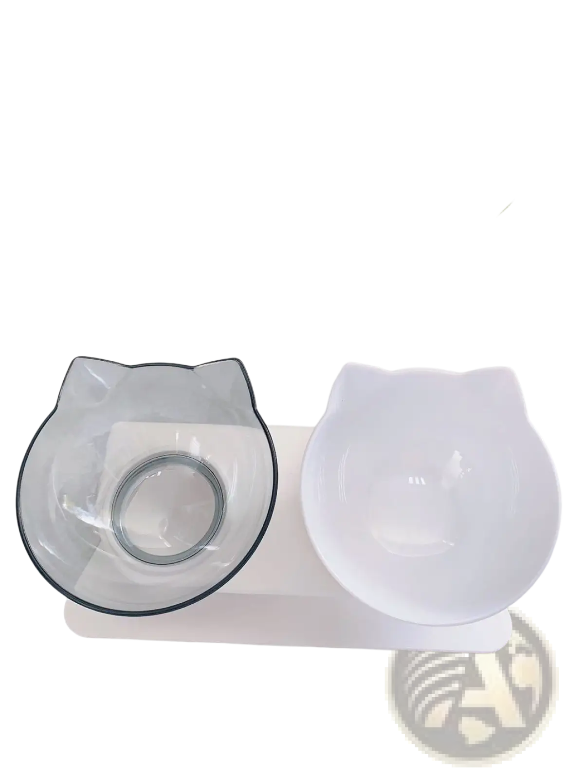 Elevated cat bowl tilted 15 degree double feeder stand with clear and white cat-shaped bowls and black-trimmed edges for pets
