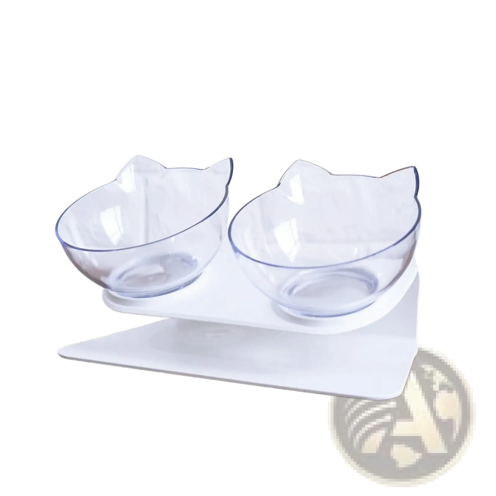 Elevated cat bowl tilted 15 degree double feeder stand with clear cat-shaped pet bowls on white stand