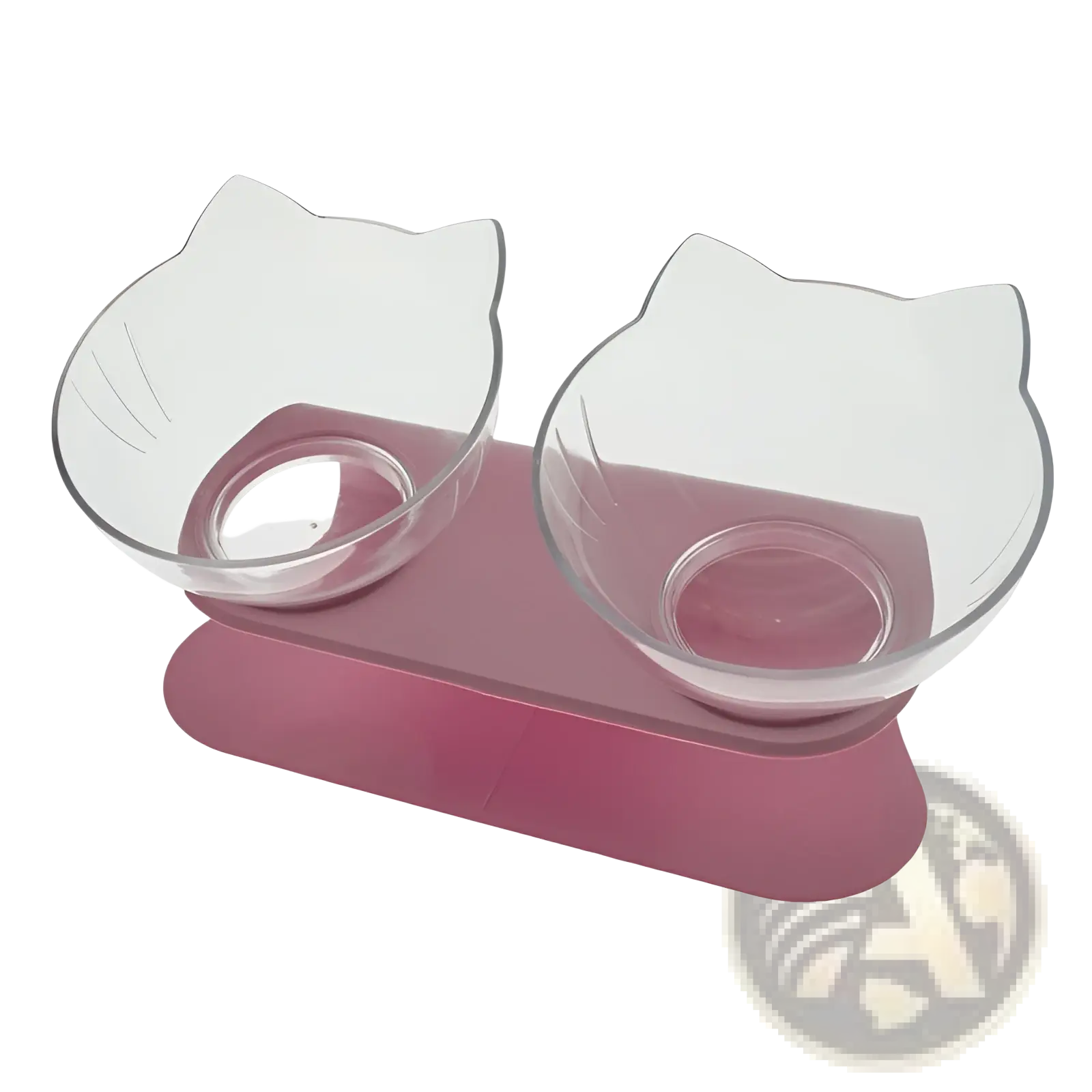 Elevated cat bowl tilted 15 degree double feeder stand with clear cat-shaped bowls and pink silicone stand