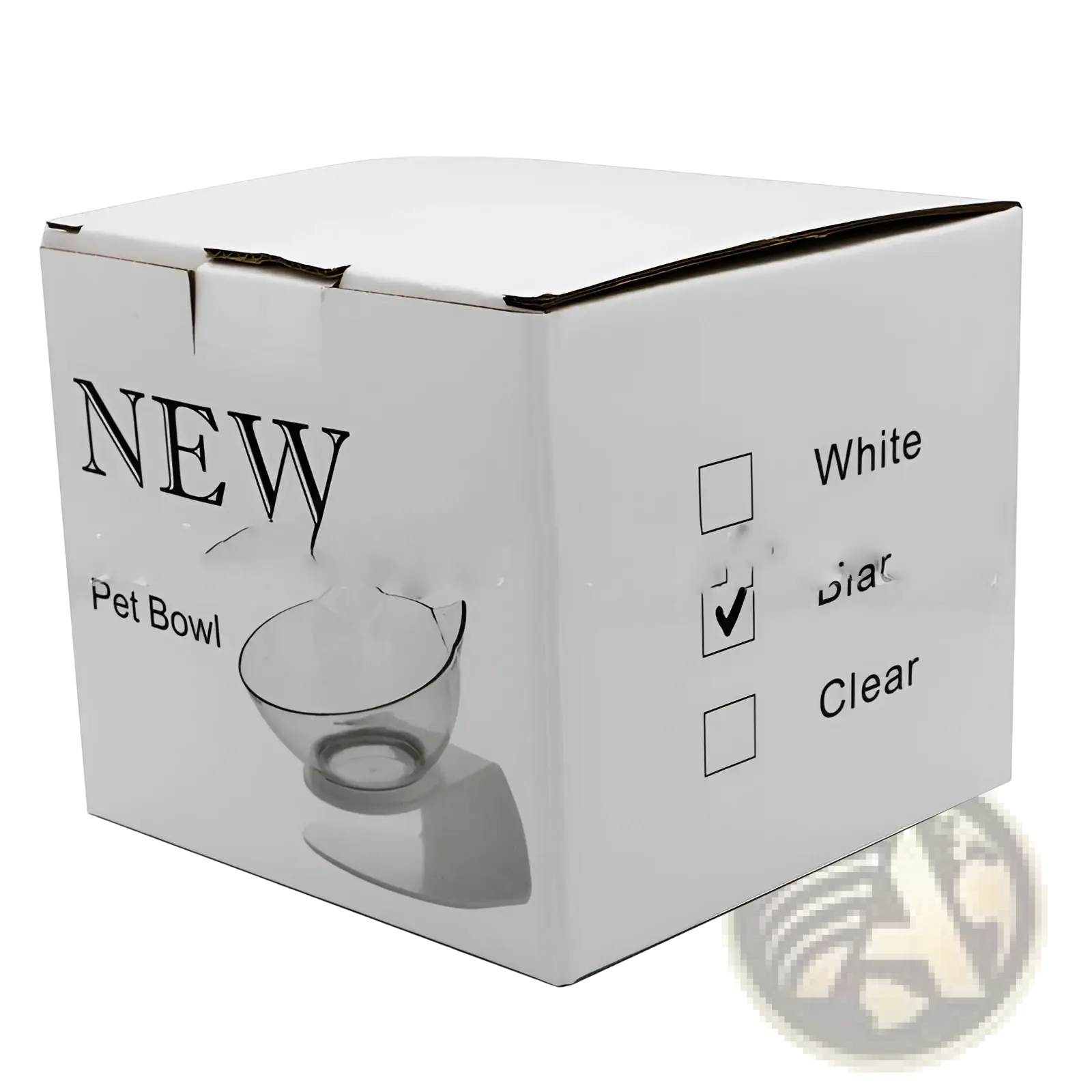 Clear glass pet bowl in a white cardboard box for elevated cat bowl tilted 15 degree double feeder stand