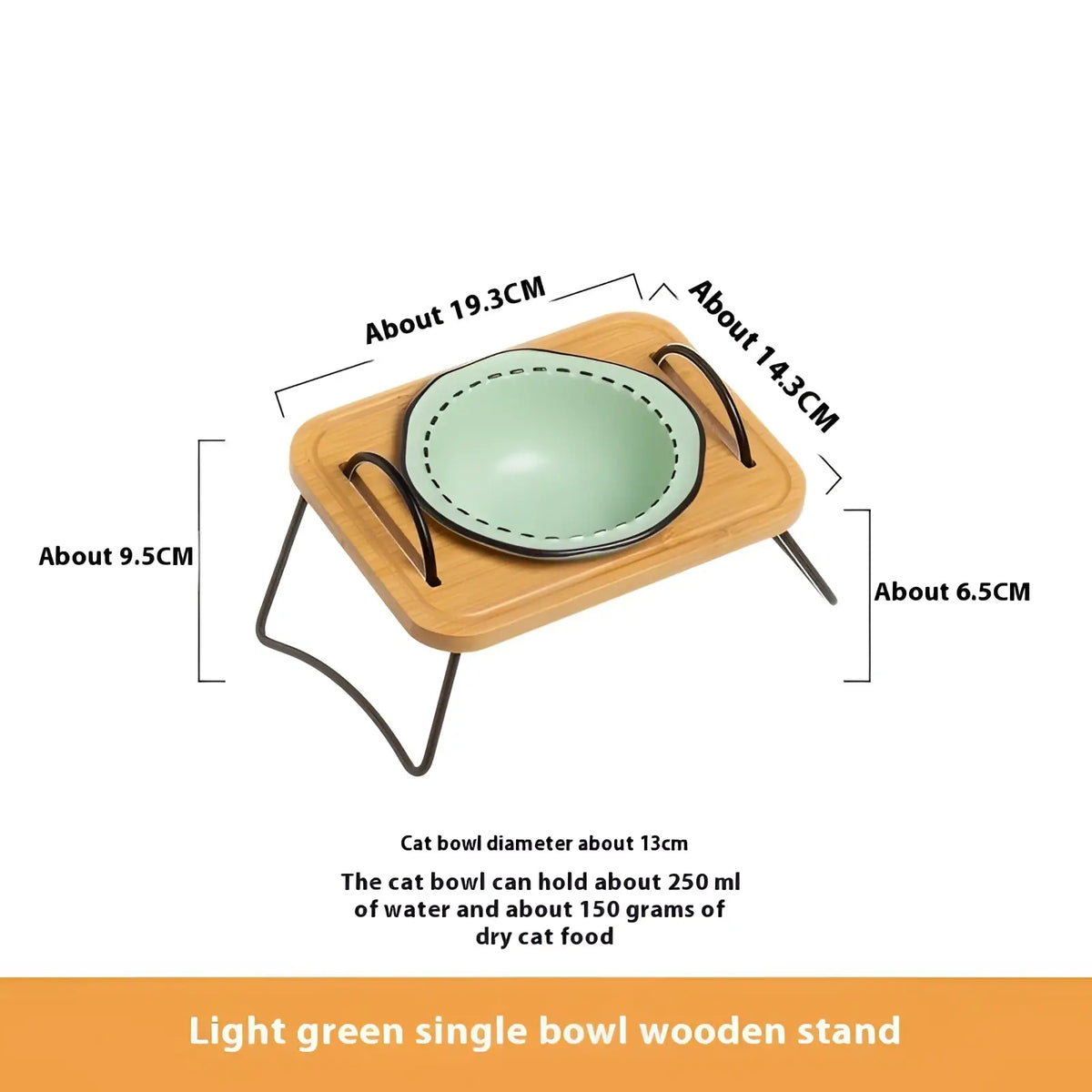 Light green ceramic cat bowl elevated on a wooden stand with black metal legs and handles for pet feeding