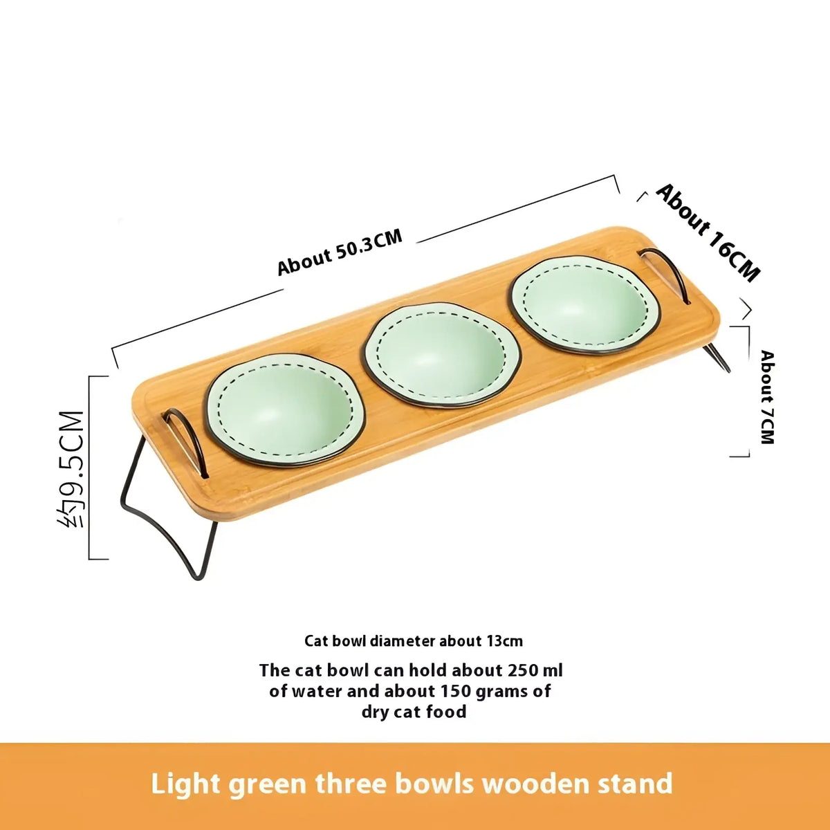 Elevated ceramic cat bowl wooden stand with light green ceramic bowls on a wooden base and black metal handles