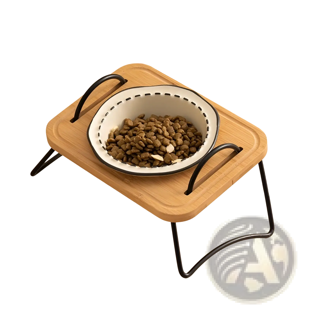 Elevated ceramic cat bowl with white bowl black rim dotted edge on bamboo tray with black metal legs stand