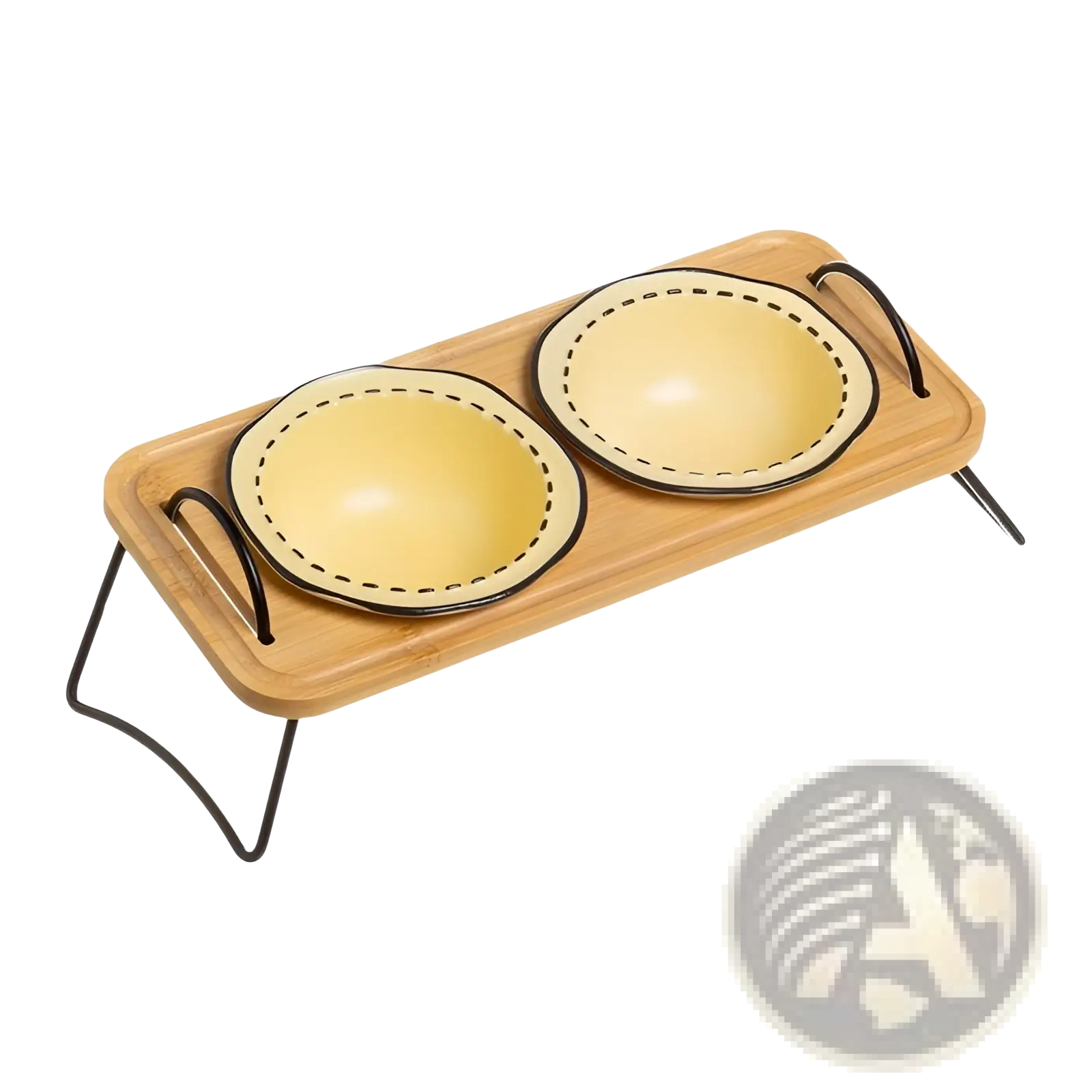 Elevated ceramic cat bowl wooden stand with yellow ceramic bowls featuring black dashed rims on a bamboo tray with metal legs