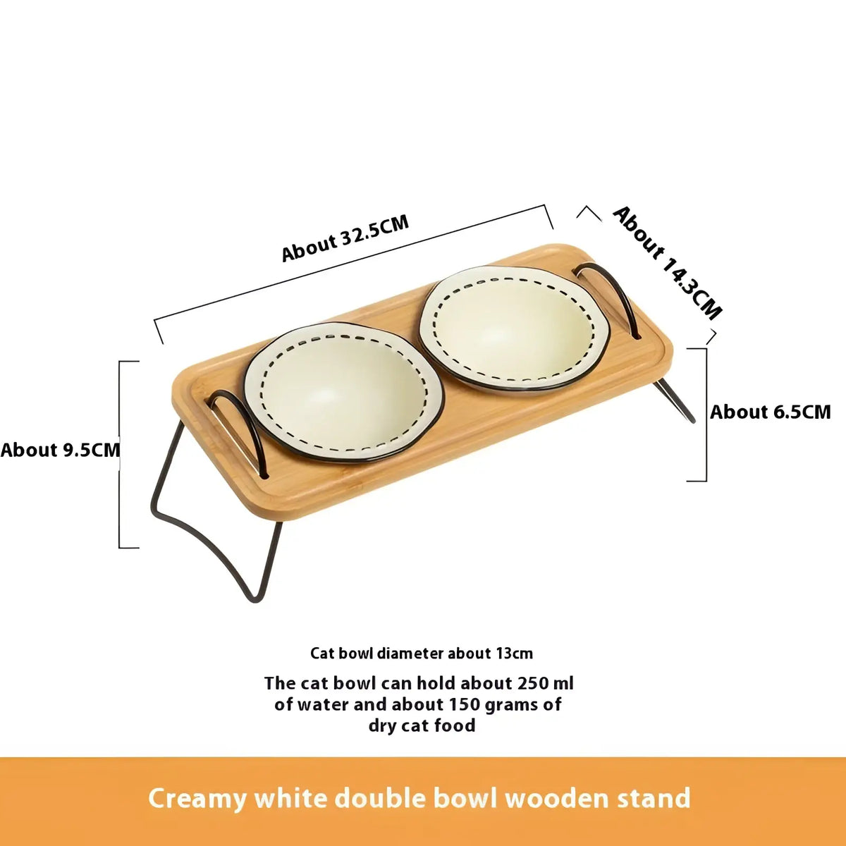 Elevated ceramic cat bowl wooden stand with creamy white double bowls and black metal legs and handles