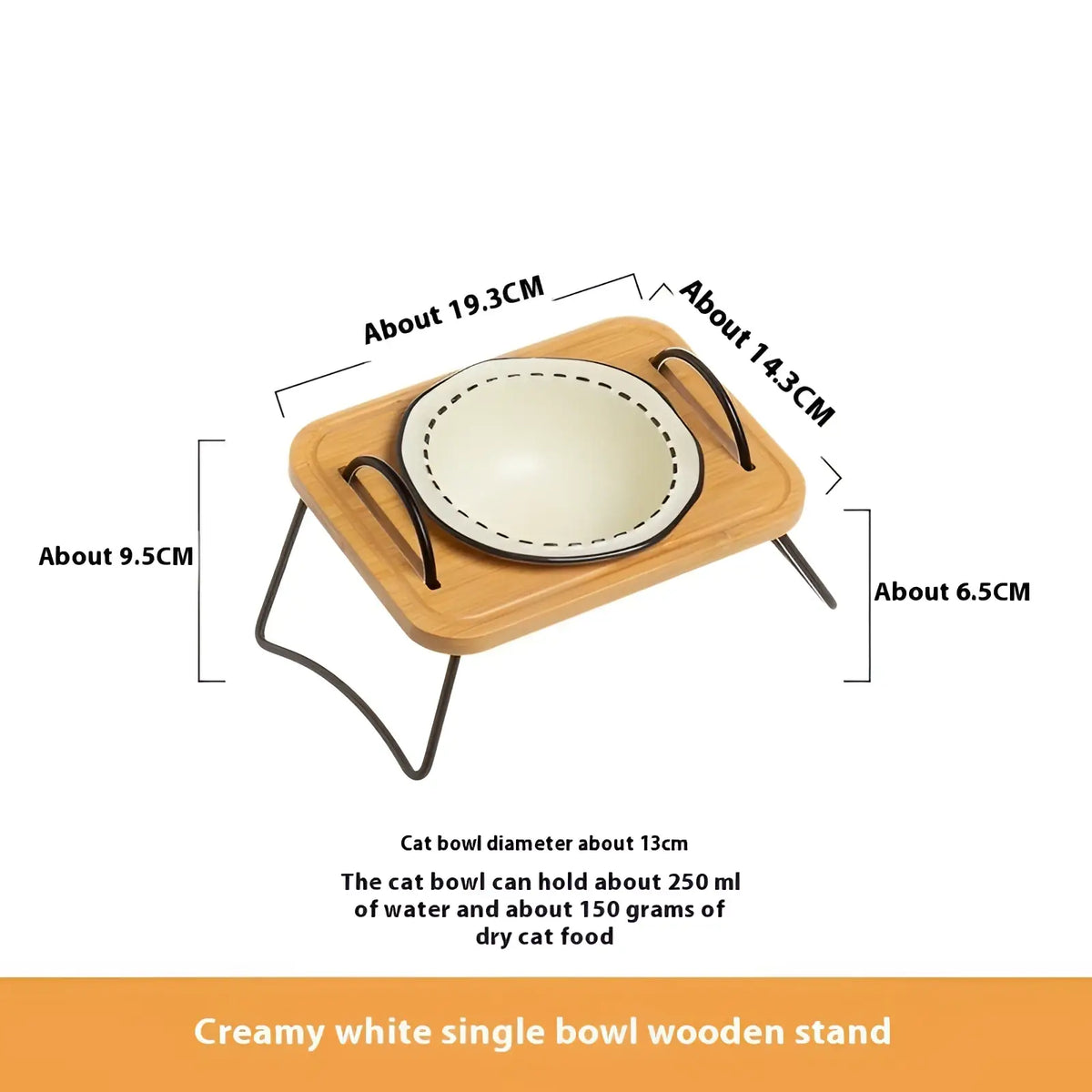 Elevated ceramic cat bowl with creamy white ceramic and black rim on a light wood stand with metal legs and handles