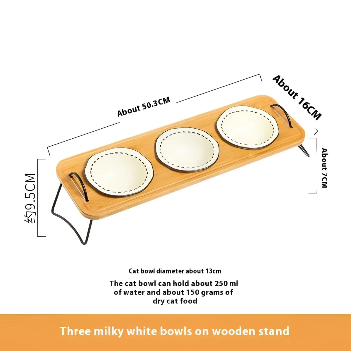 Three milky white ceramic cat bowls with black rims on a light brown wooden stand for elevated feeding