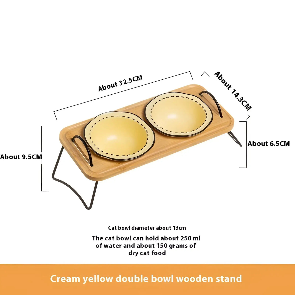 Elevated ceramic cat bowl wooden stand with cream yellow double bowls and black metal legs and handles