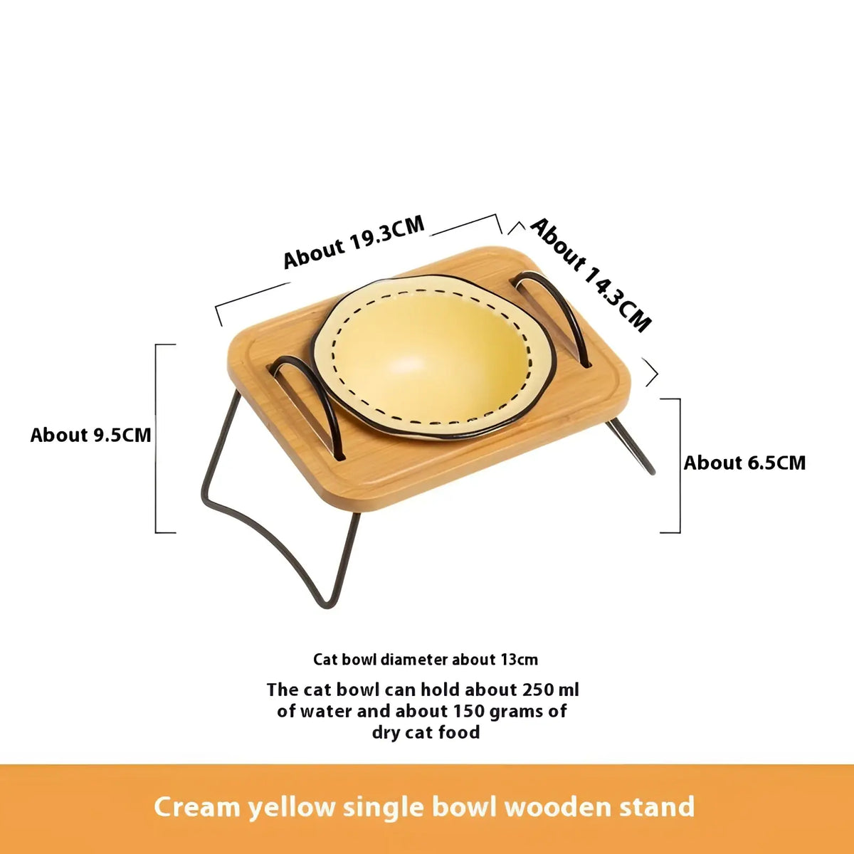 Cream yellow ceramic cat bowl on a light wood stand with black metal legs and handles elevated for feeding comfort