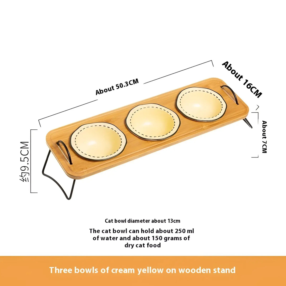 Elevated ceramic cat bowl set with cream yellow bowls on a light wood stand featuring black metal handles