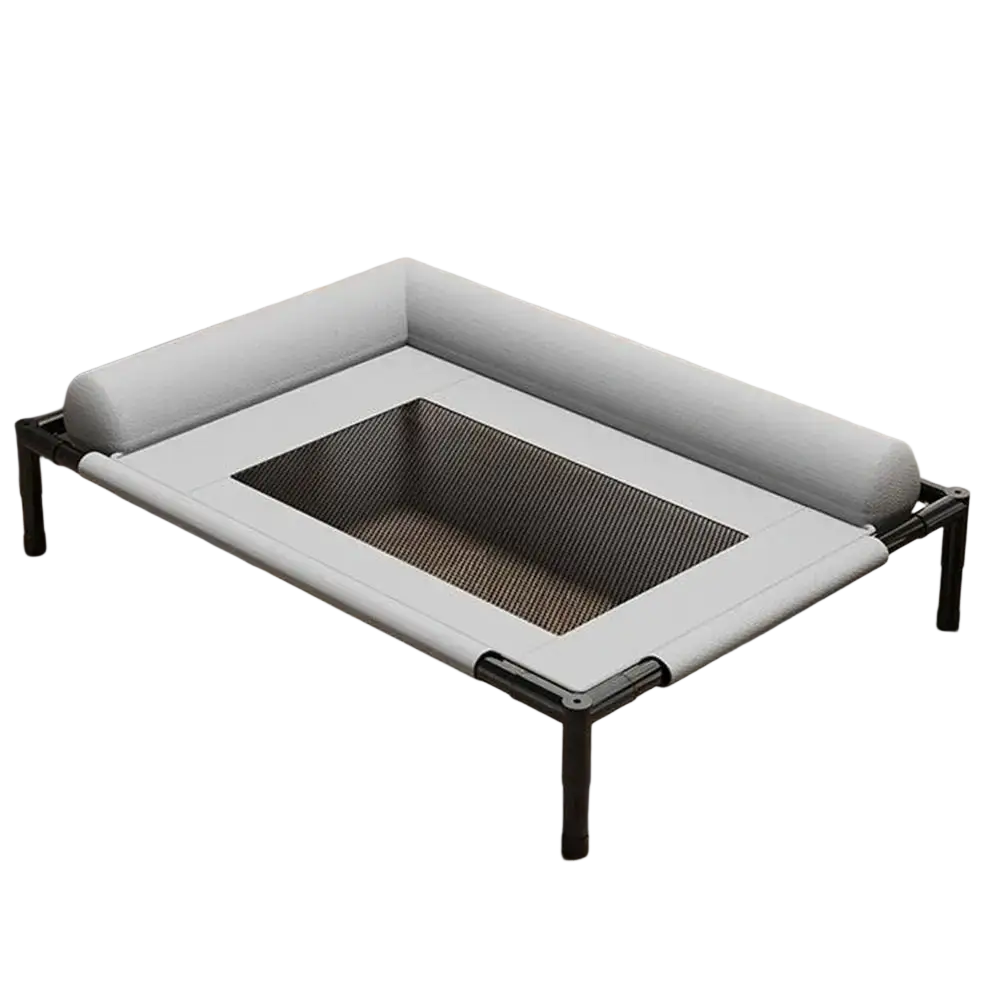 Gray elevated dog bed with breathable mesh center padded edges and black metal legs for comfortable support