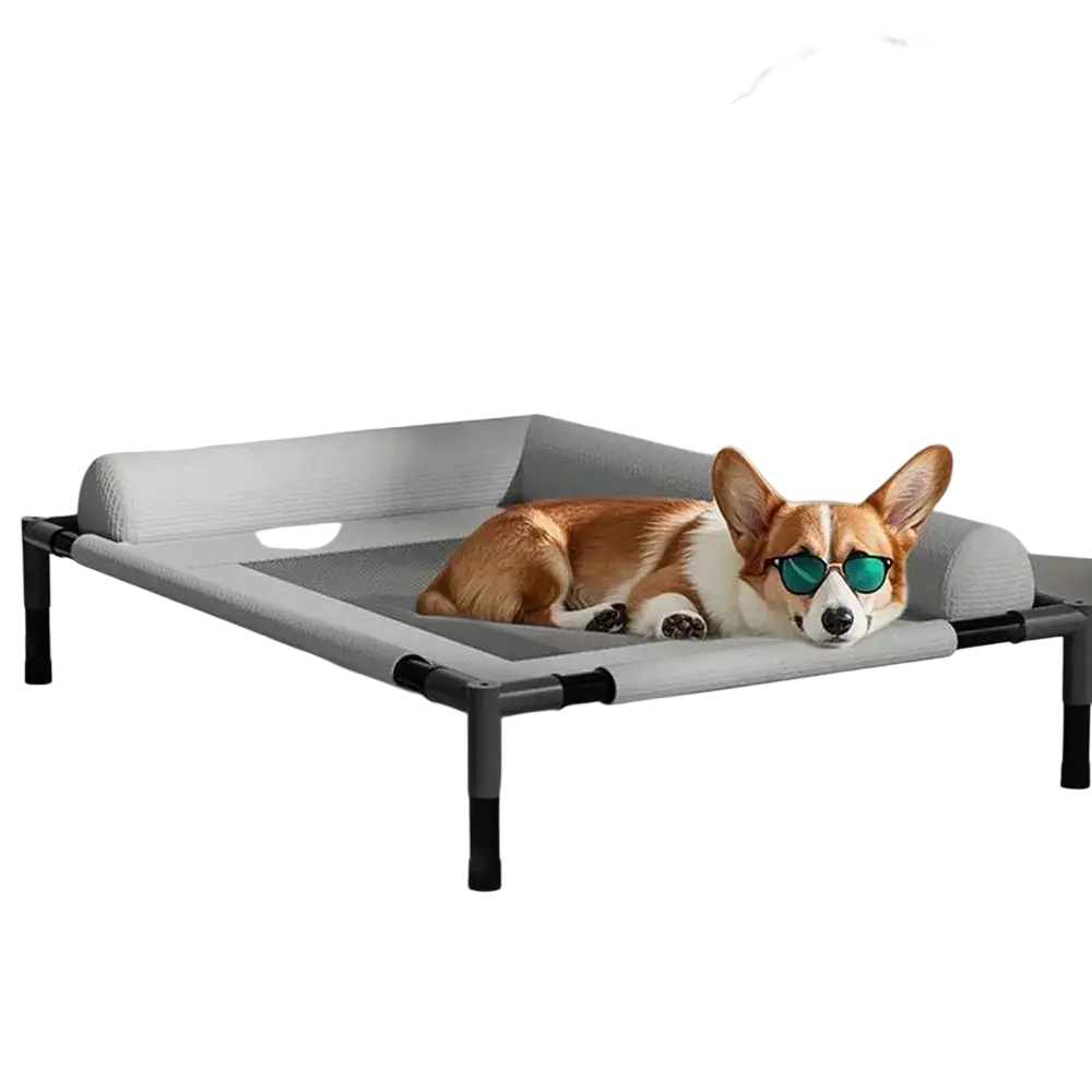 Gray and black adjustable elevated dog bed with padded sides mesh surface and sturdy metal frame legs