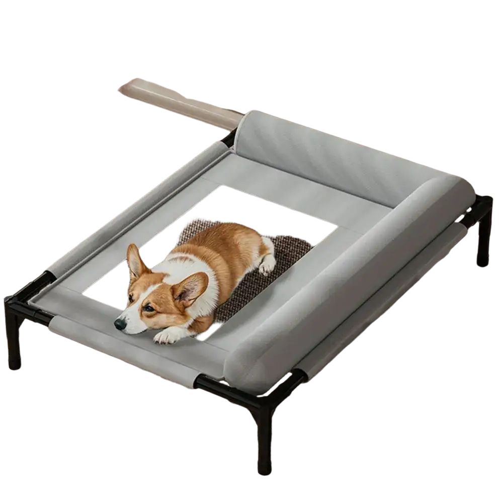 Gray fabric elevated dog bed with black metal frame and breathable mesh cooling pad for pets