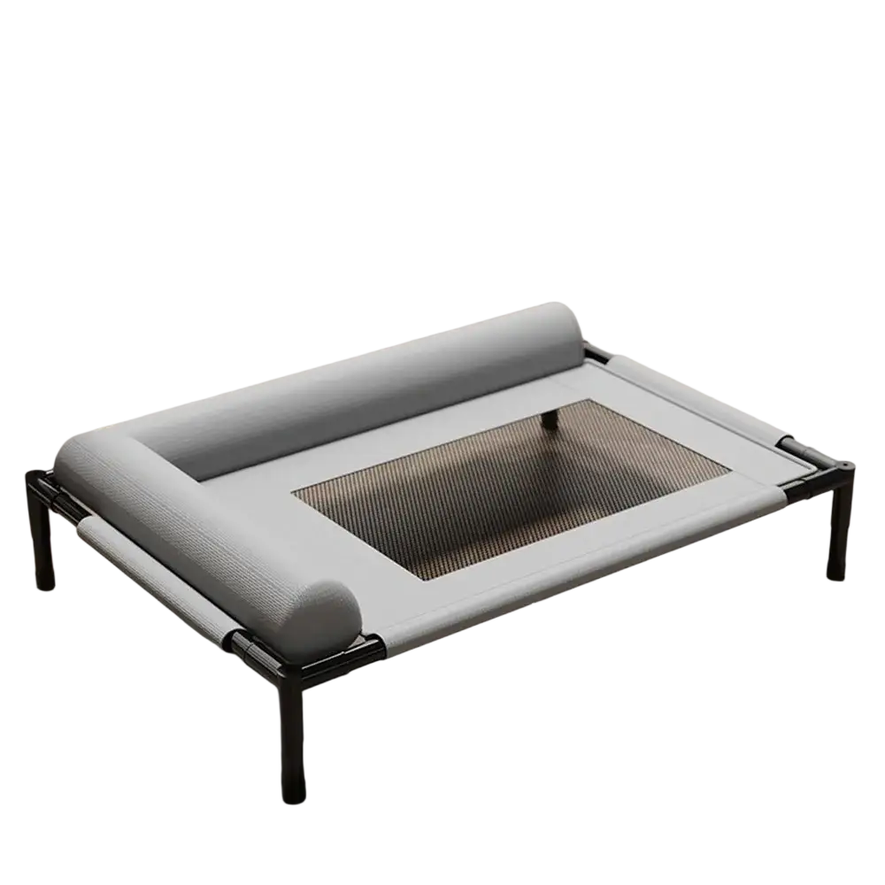 Gray fabric elevated dog bed with black metal frame and breathable mesh center for raised pet comfort