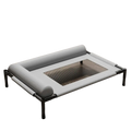 Gray fabric elevated dog bed with black metal frame and breathable mesh center for raised pet comfort