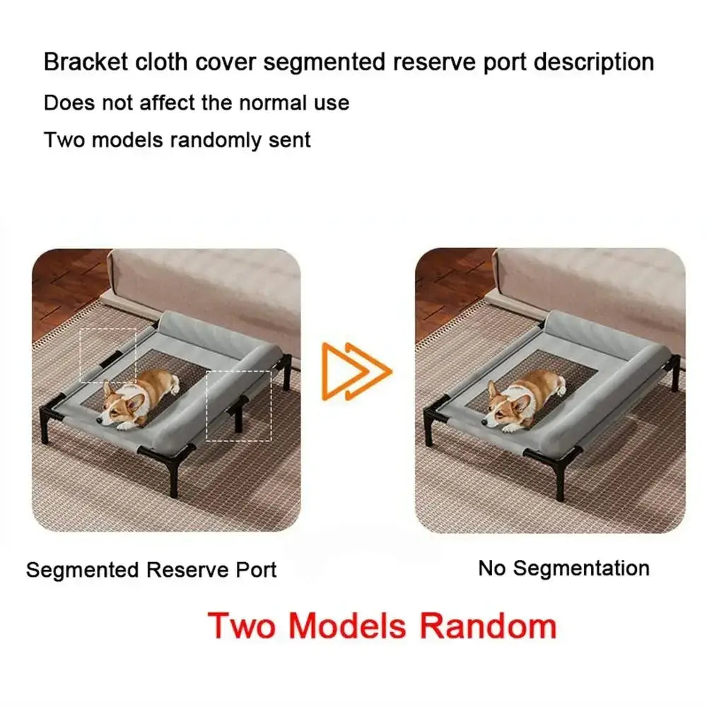 Gray segmented reserve port dog bed with breathable mesh and black metal frame elevated pet cot design