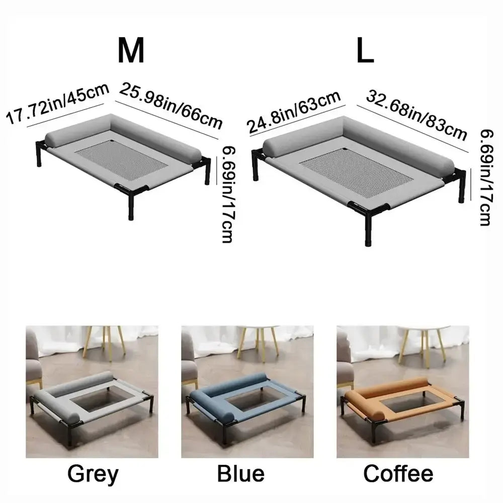 Elevated dog bed with breathable mesh cushioned sides and black metal frame in grey blue and coffee colors