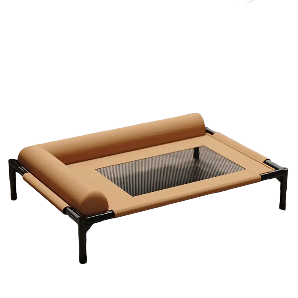 Tan fabric dog bed with black metal frame and breathable mesh center elevated pet cot for comfort