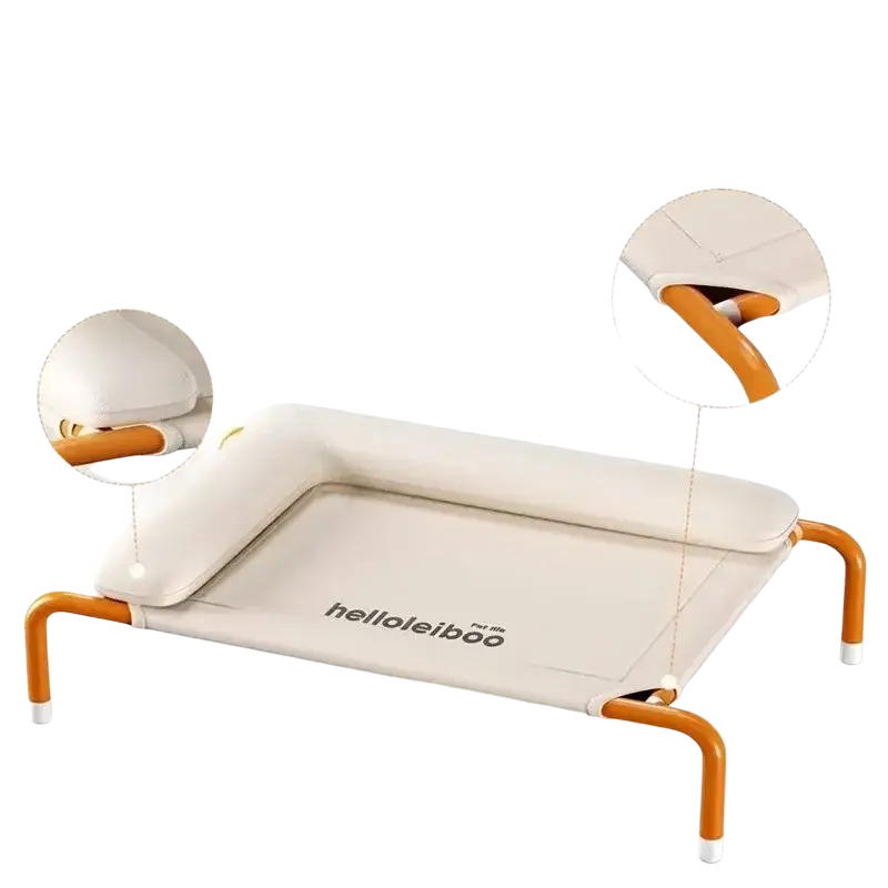 Beige elevated dog bed with orange metal frame and white cushioned edges for comfortable pet lounging