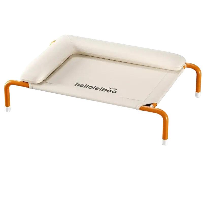 Beige fabric elevated dog bed with orange metal frame white plastic feet and cushioned headrest for pets