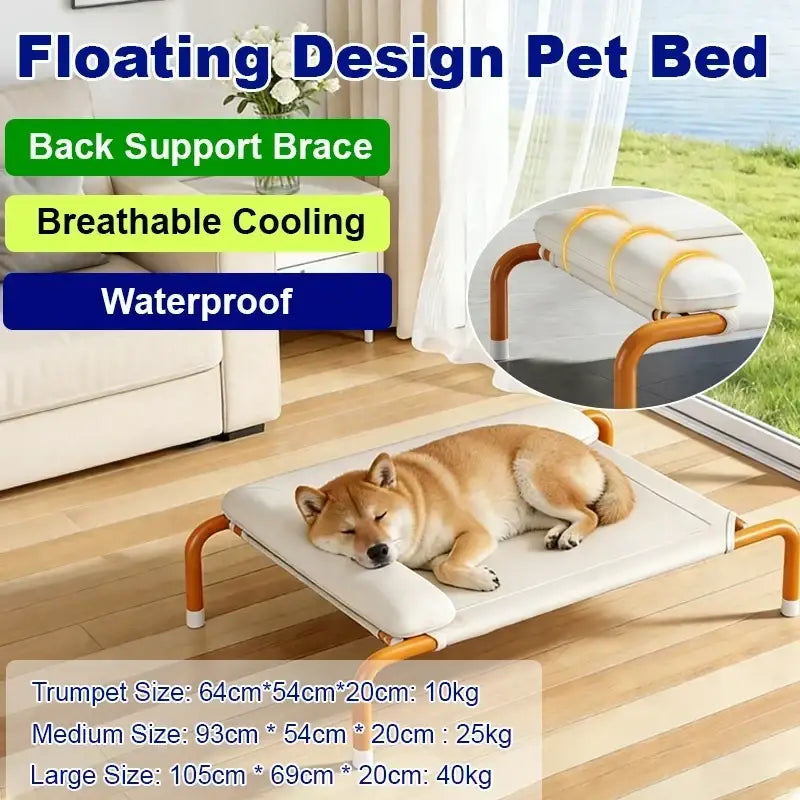 Elevated dog bed with white mesh floating design and orange metal frame with back support brace for pets