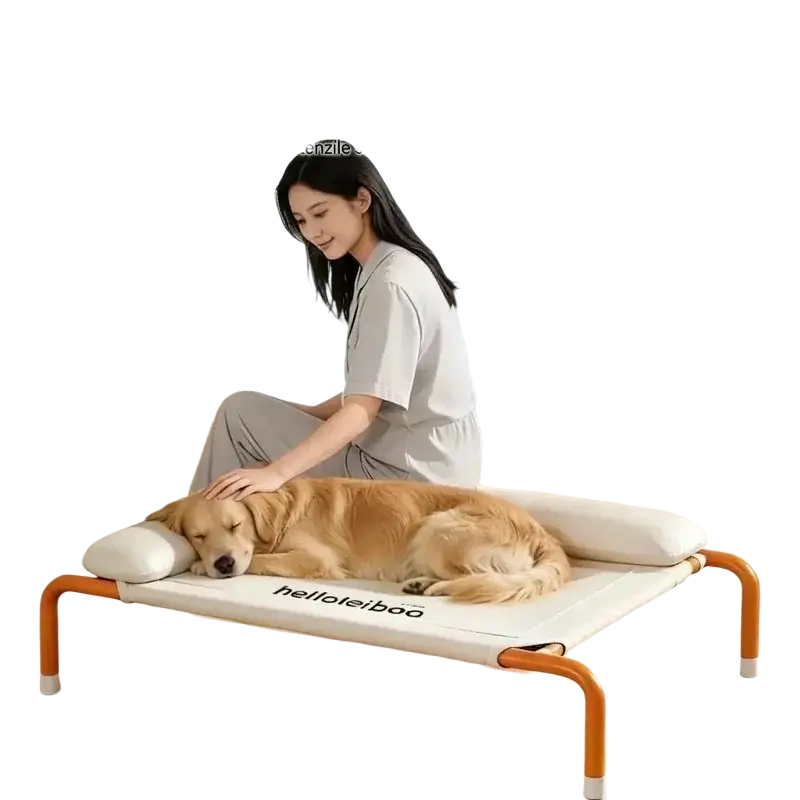 Elevated dog bed with white mesh fabric and orange metal frame featuring helloiboo branding for pets
