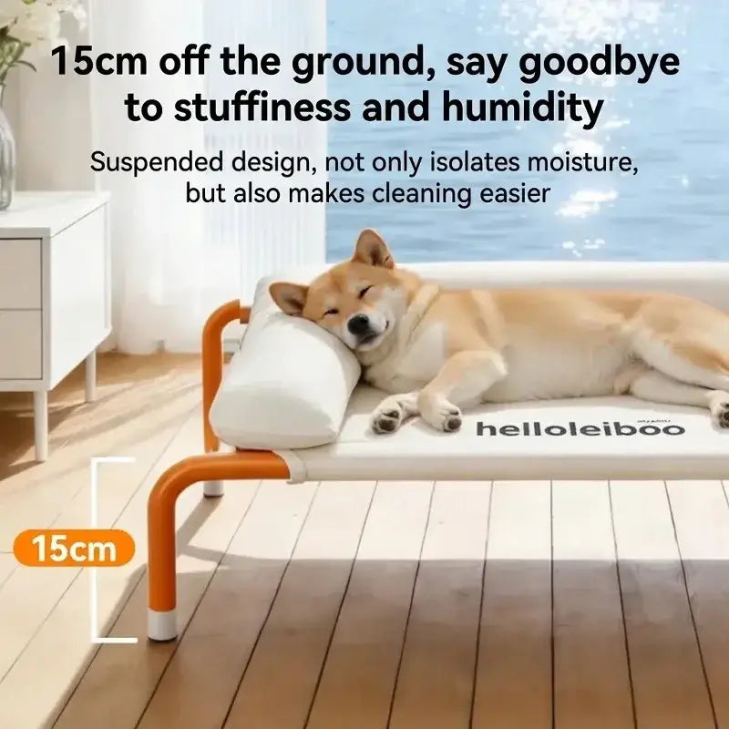 Elevated dog bed white mesh with orange metal frame 15cm height featuring helloleiboo brand logo