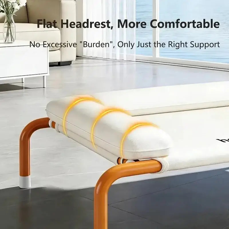 Elevated dog bed with white upholstered flat headrest and orange metal frame for raised pet comfort