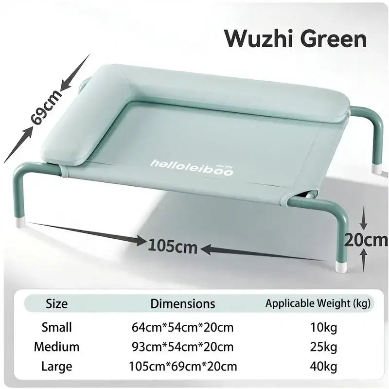 Elevated dog bed with a soft light green fabric top and sturdy white metal frame for raised pet comfort