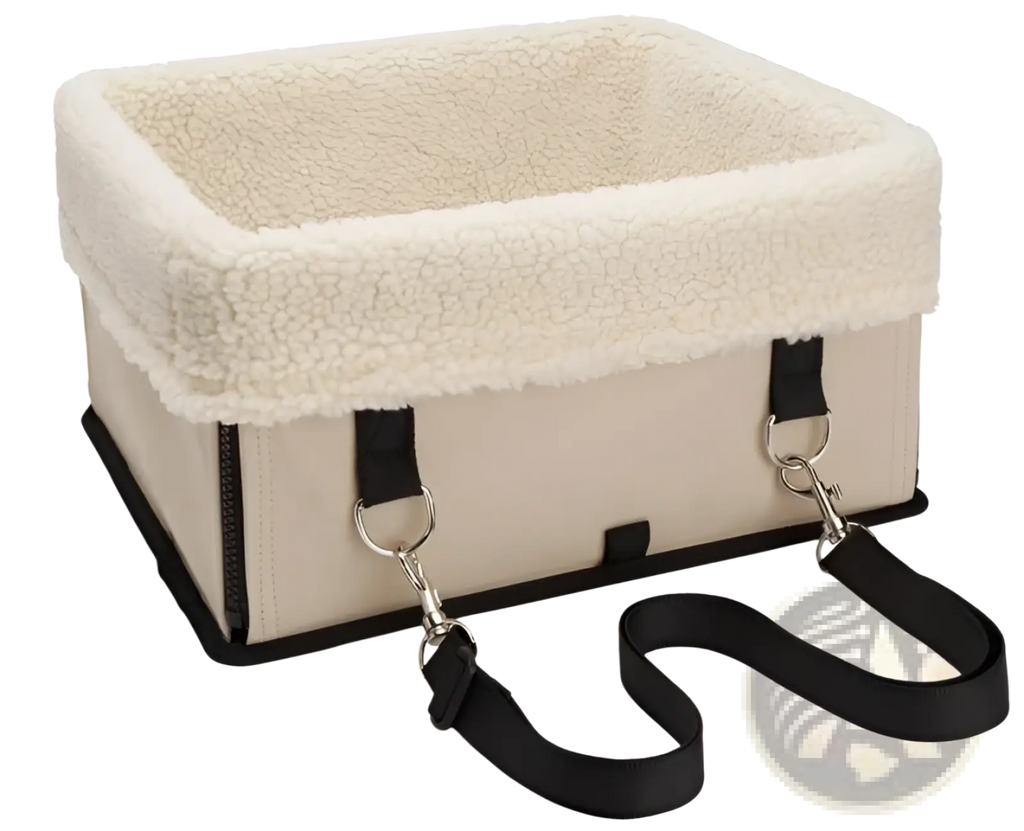 Beige elevated dog car seat with plush white fleece lining and black webbing straps for portable waterproof use