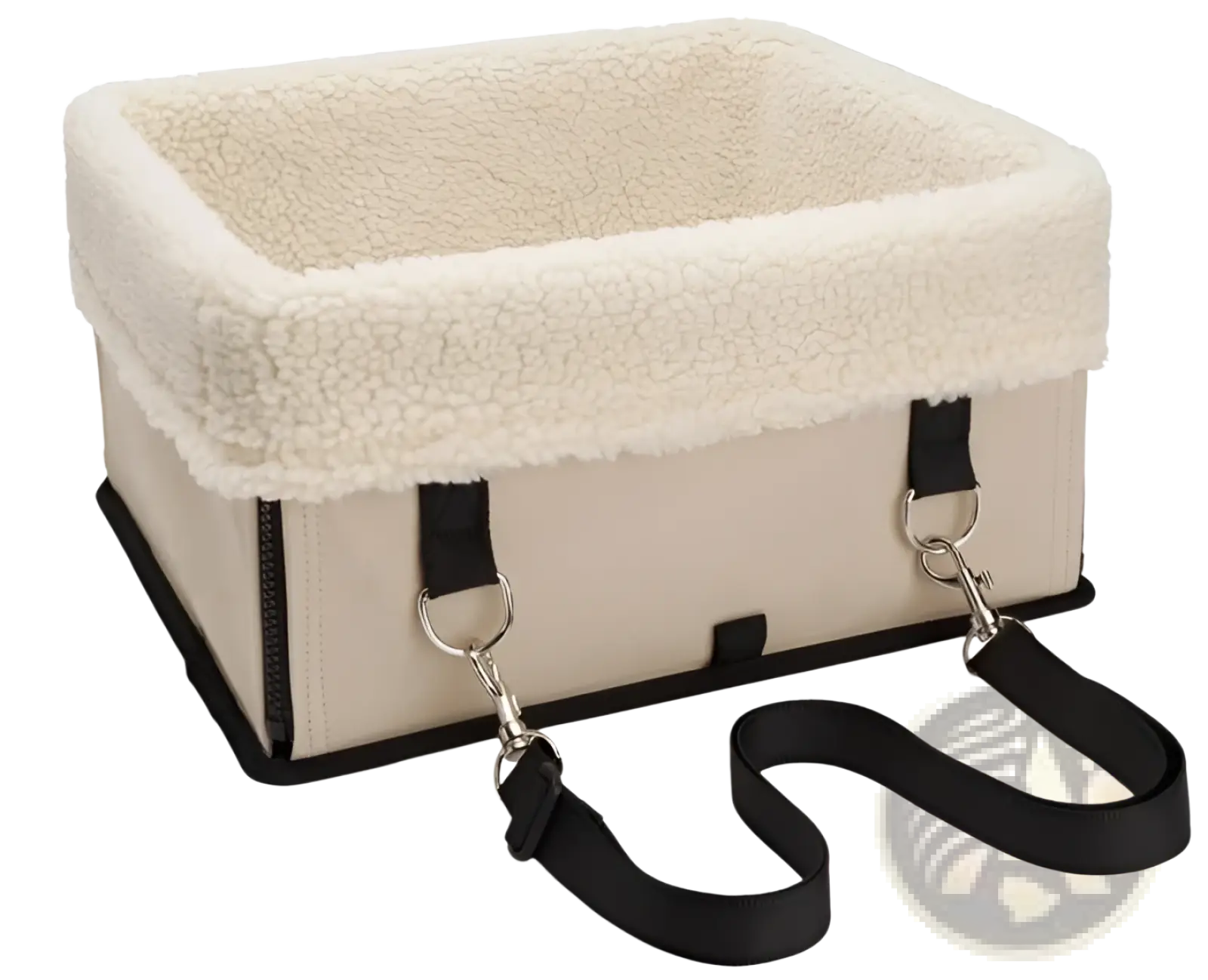 Beige elevated dog car seat with plush white fleece lining and black webbing straps for portable waterproof use