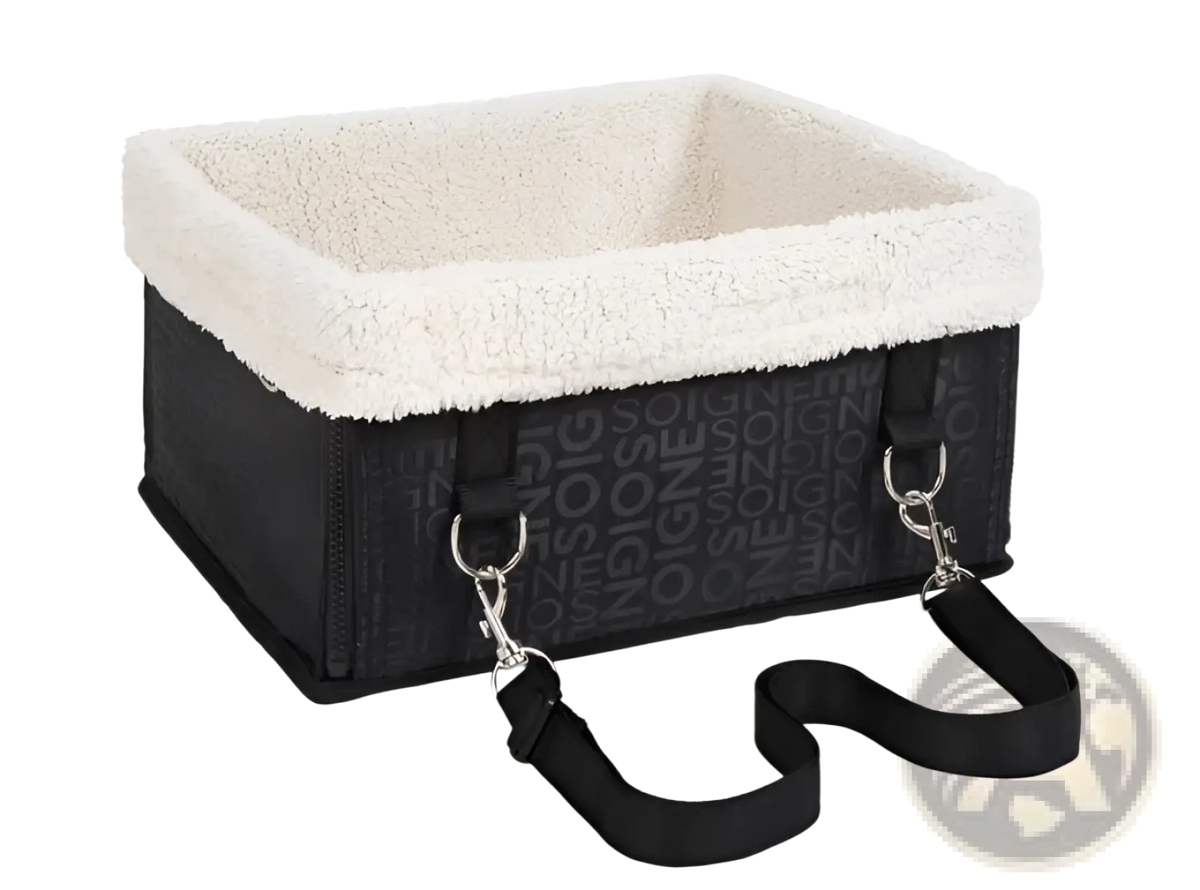 Black rectangular elevated dog car seat with plush white fleece interior and adjustable straps with metal hardware