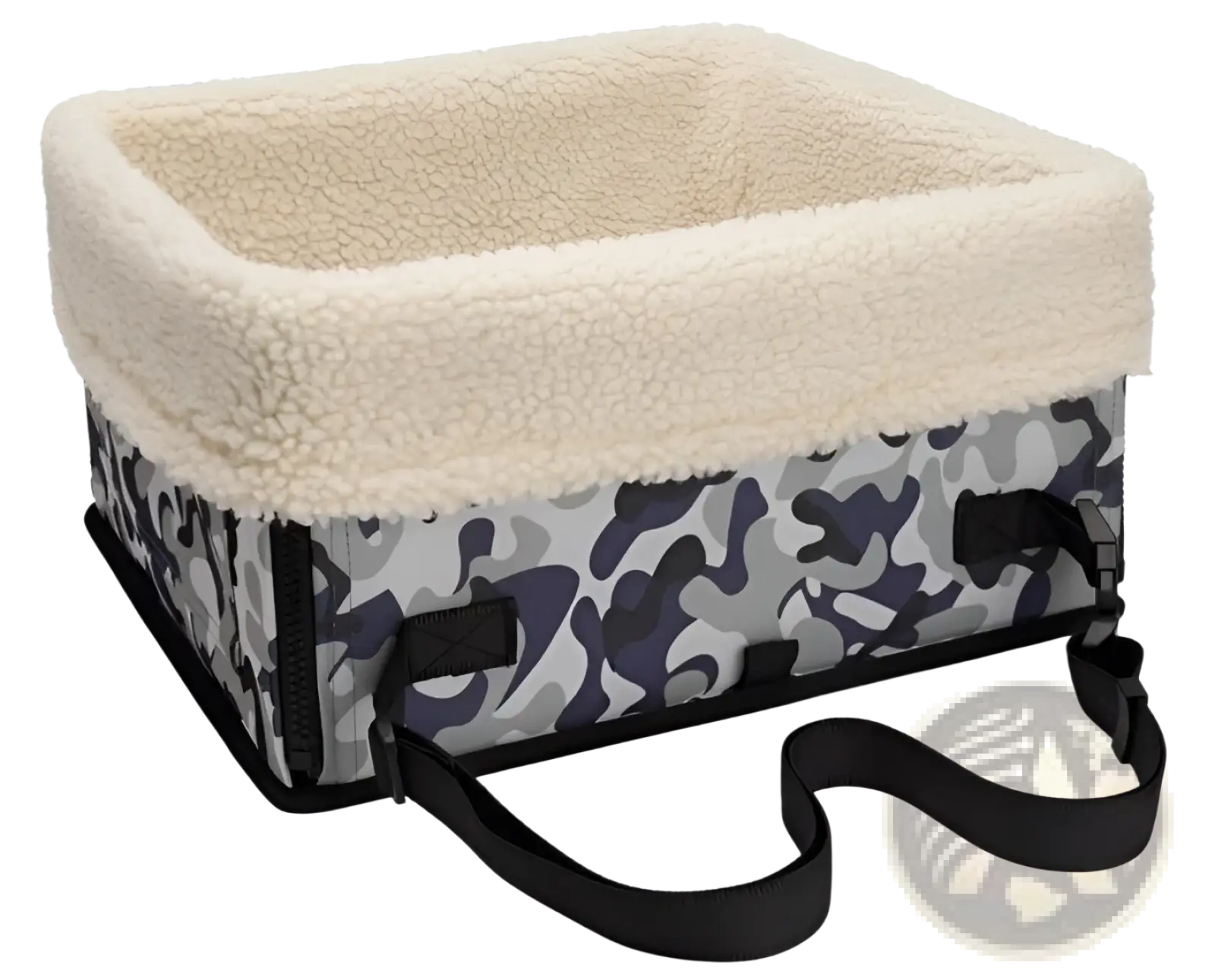 Elevated dog car seat portable waterproof pet booster in camouflage with plush cream fleece interior and black adjustable straps
