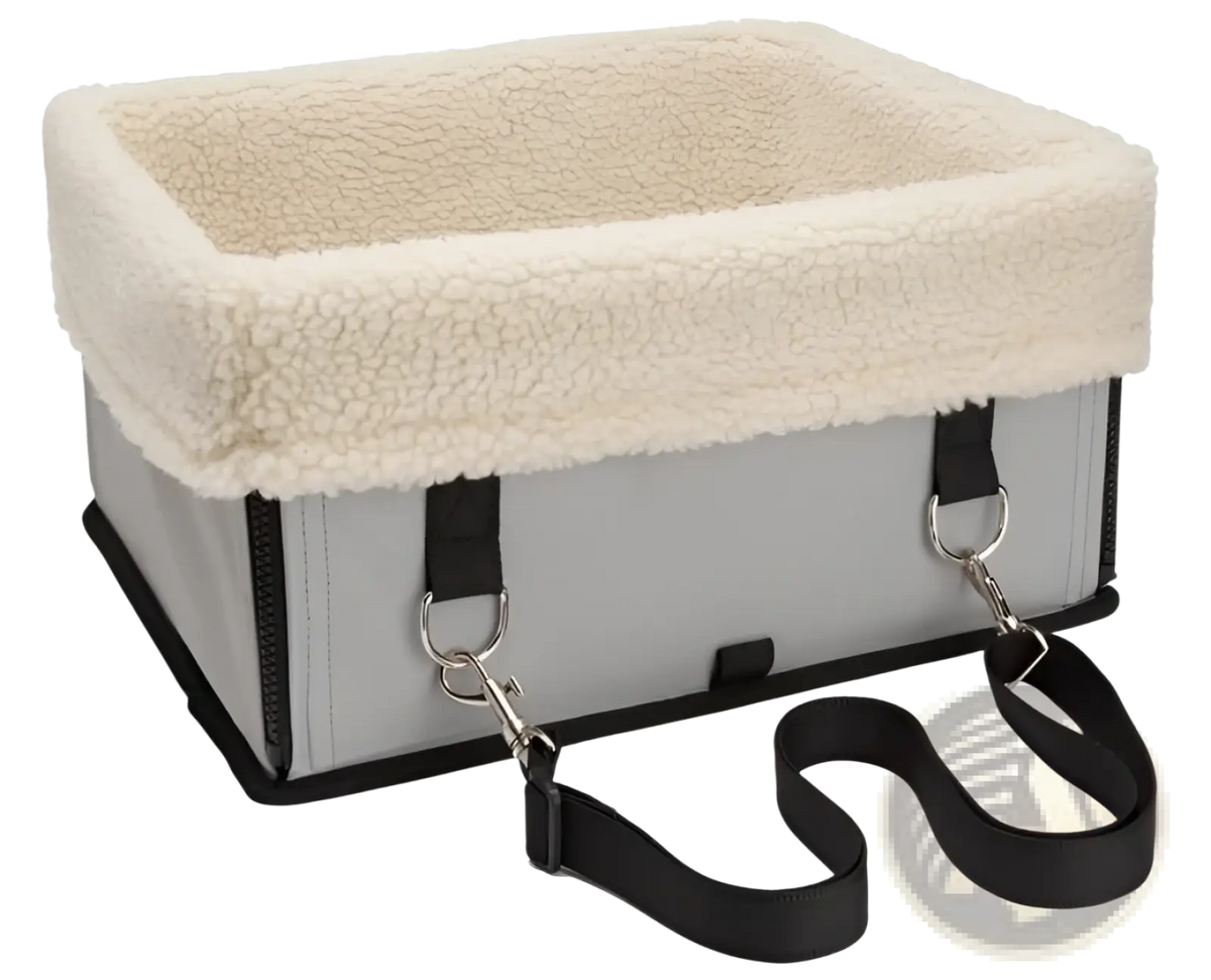 Gray elevated dog car seat portable pet booster with cream fleece lining and black straps for secure transport