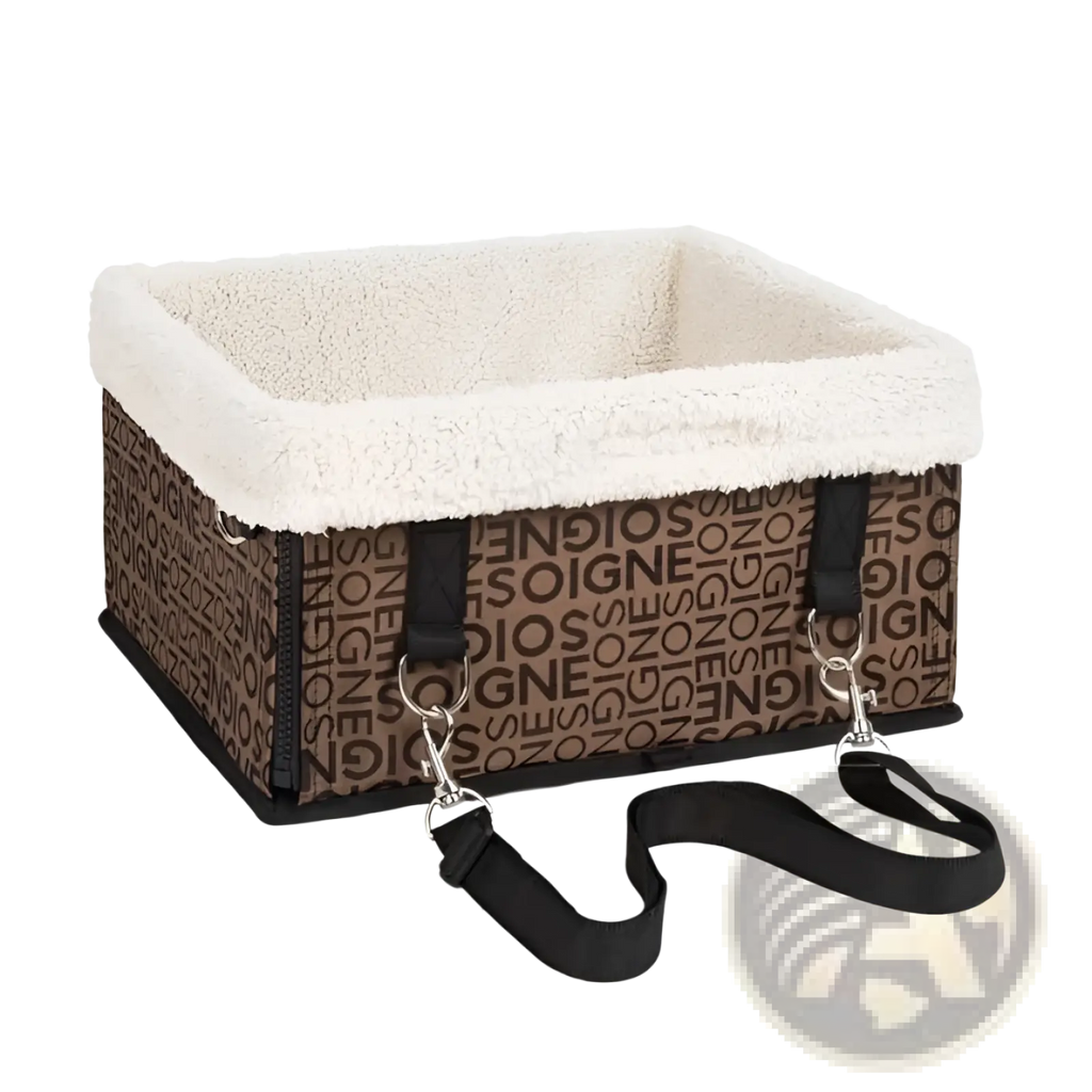 Brown and cream elevated dog car seat with soigne logo pattern plush white fleece lining and black securing straps