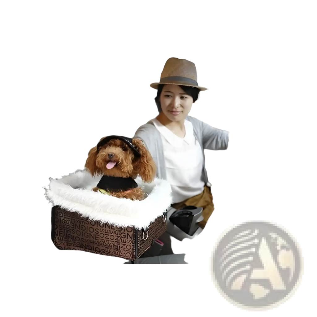 Brown patterned elevated dog car seat basket with white faux fur lining and waterproof portable booster design